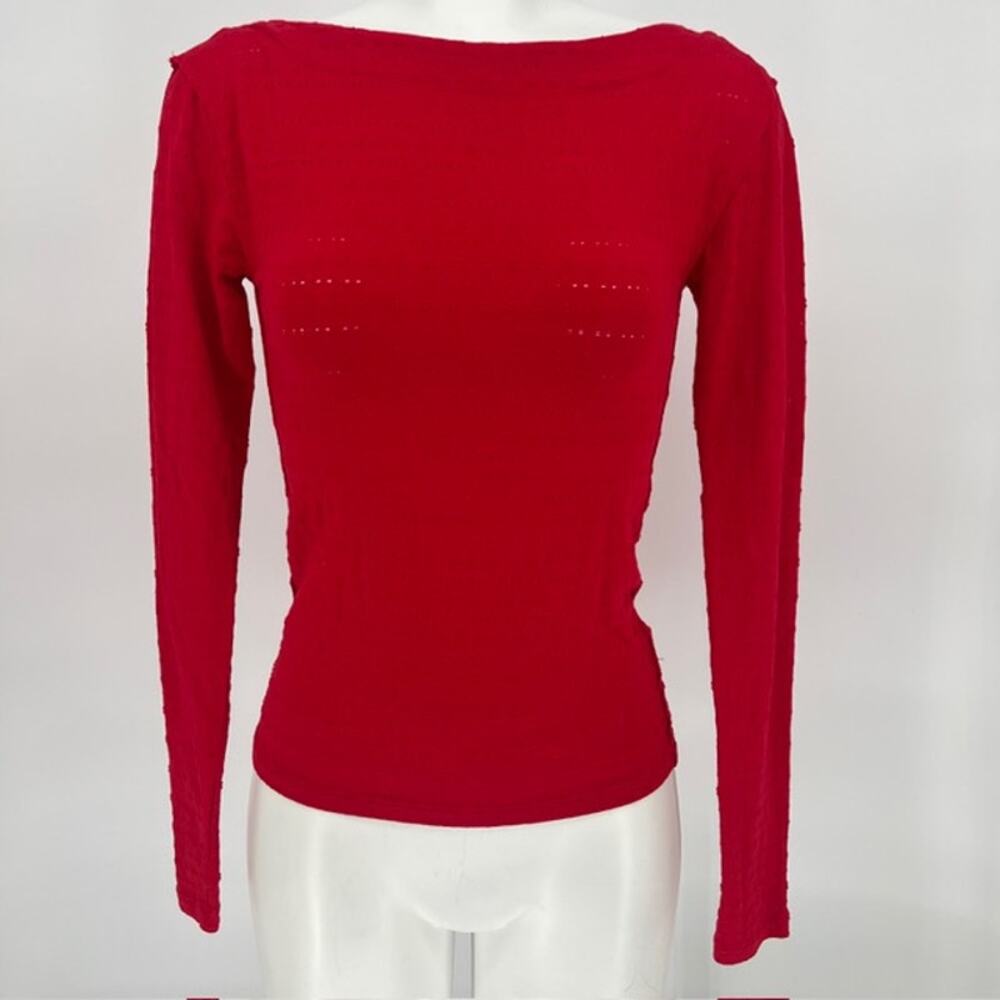Free People Red Eyelet Fitted Romantic Balletcore Long Sleeve Top Small